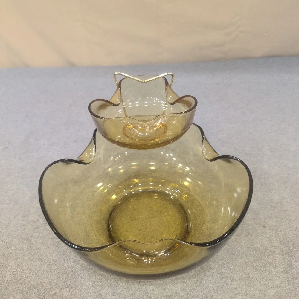 Vintage MCM Smoked Olive Green Glass Ruffled Chip and Dip Set with Metal Bracket